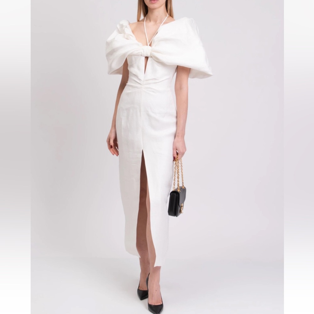 Chic Rasario Linen Blend White Midi Dress with Bow Detail